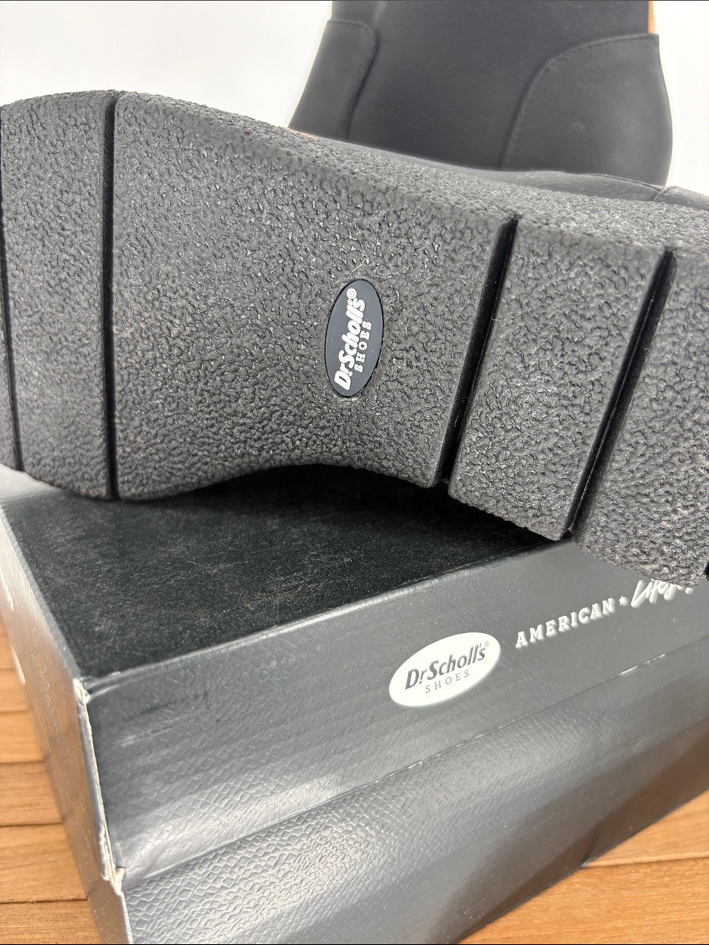 New Dr. Scholl's Black Wedge Ankle Booties with Brown Pull Tab size 11M - Picture 5 of 7